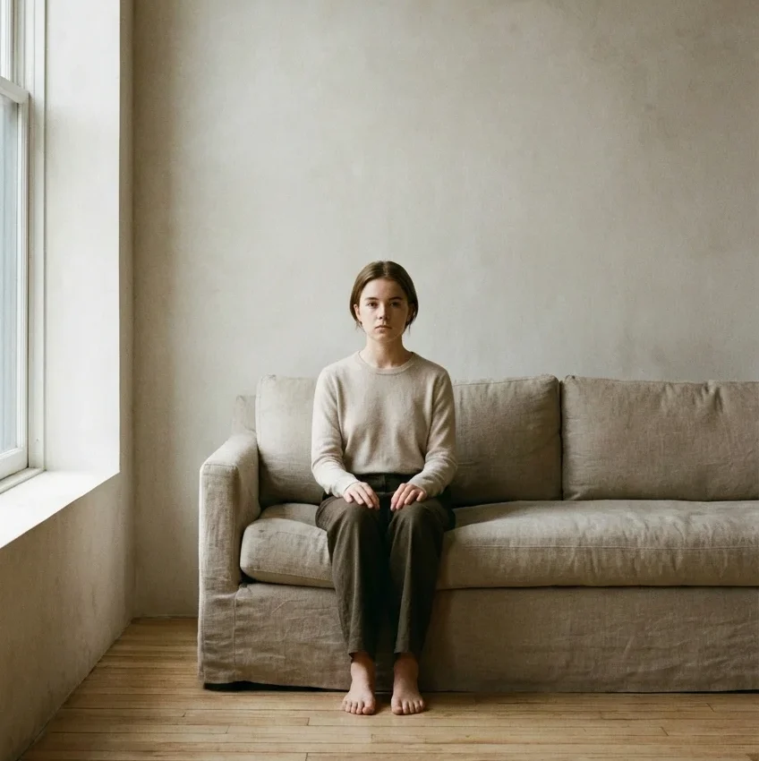 Persona sentada en un sofá en una habitación tranquila, mirando al frente sin expresión.